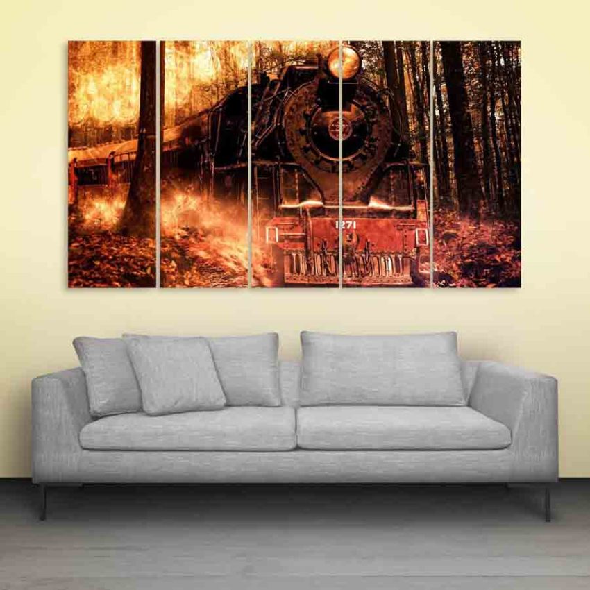 Multiple Frames Locomotive Vintage Wall Painting (150cm X 76cm)