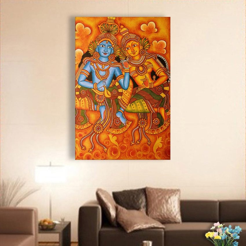 Canvas Painting - Beautiful Radha Krishna Kerala Mural Art Wall Painting for Living Room